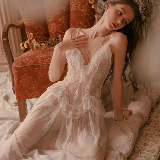 Women Chemise White Polyester Lace Sheer Stretch Chemise Overcoat Panty 3-Piece Set Sexy Lingerie Outfit Ooho