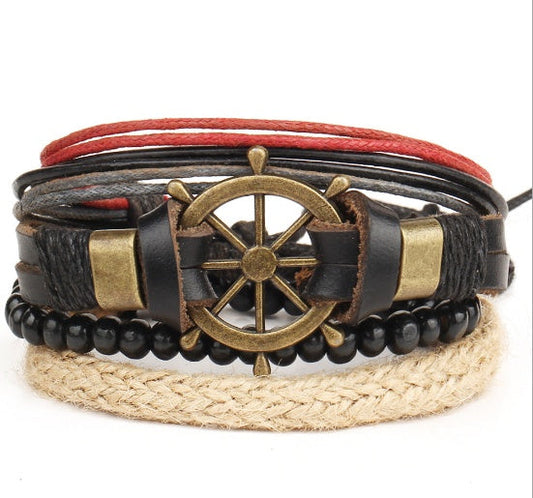 Vintage Ship Rudder Leather Bracelet Hand-Woven Multi-Layer Male And Female Bracelets Ooho