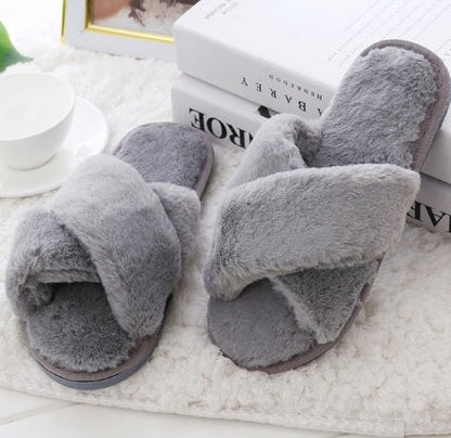 Winter Women Home Slippers With Faux Fur Fashion Warm Shoes Woman Slip On Flats Female Slides Black Plus Size Ooho
