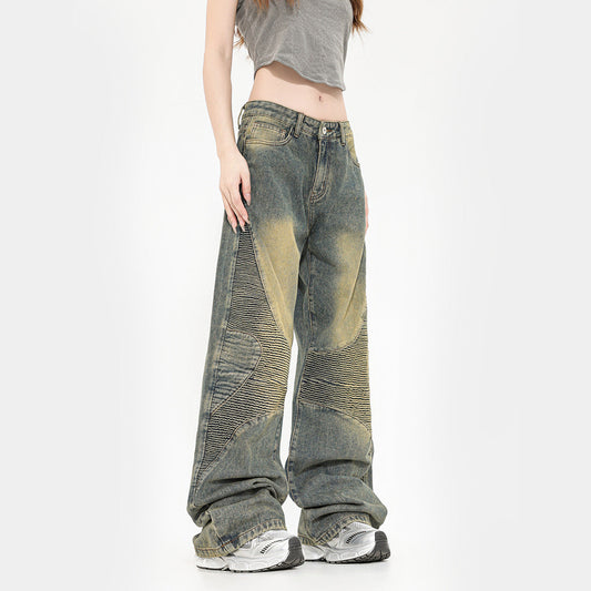 Washed Yellow Mud Straight Jeans for Women | Trendy Vintage Denim Pants Ooho