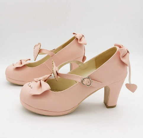 LINK Harajuku Lolita Pumps Patent Leather High Heels Solid Bowtie Maid Cosplay Shoes Soft Women Mary Janes Evening Shoes Ooho