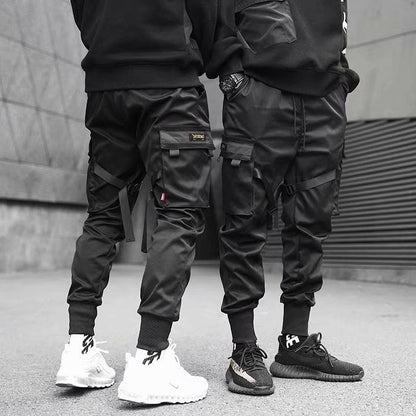 Ribbons Harem Joggers Men Cargo Pants Streetwear Hip Hop Casual Pockets Cotton Track Pants Ooho