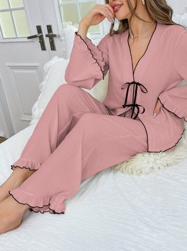 V-neck Lace-up Close-edge Cardigan Long-sleeved Pants Ooho