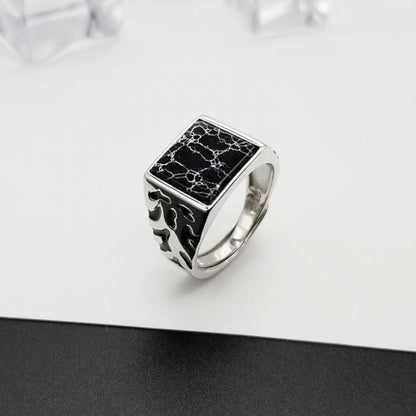 925 Sterling Silver Vintage Men's Rings Adjustable Square Black Stone Flower Pattern Design Male Turkey Jewelry Ooho