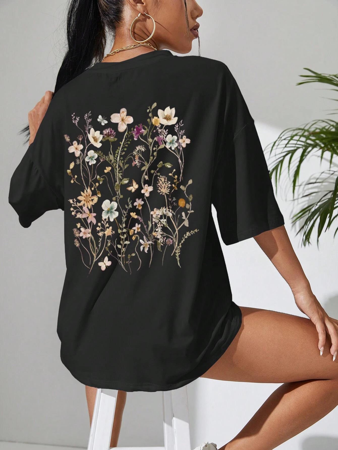 Beautiful Flower Clusters Print Cotton Women T-shirts Casual Ooho