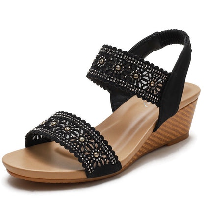 Flower Hollow Out Sandals With Rhinestones Wedges Shoes Women Ooho
