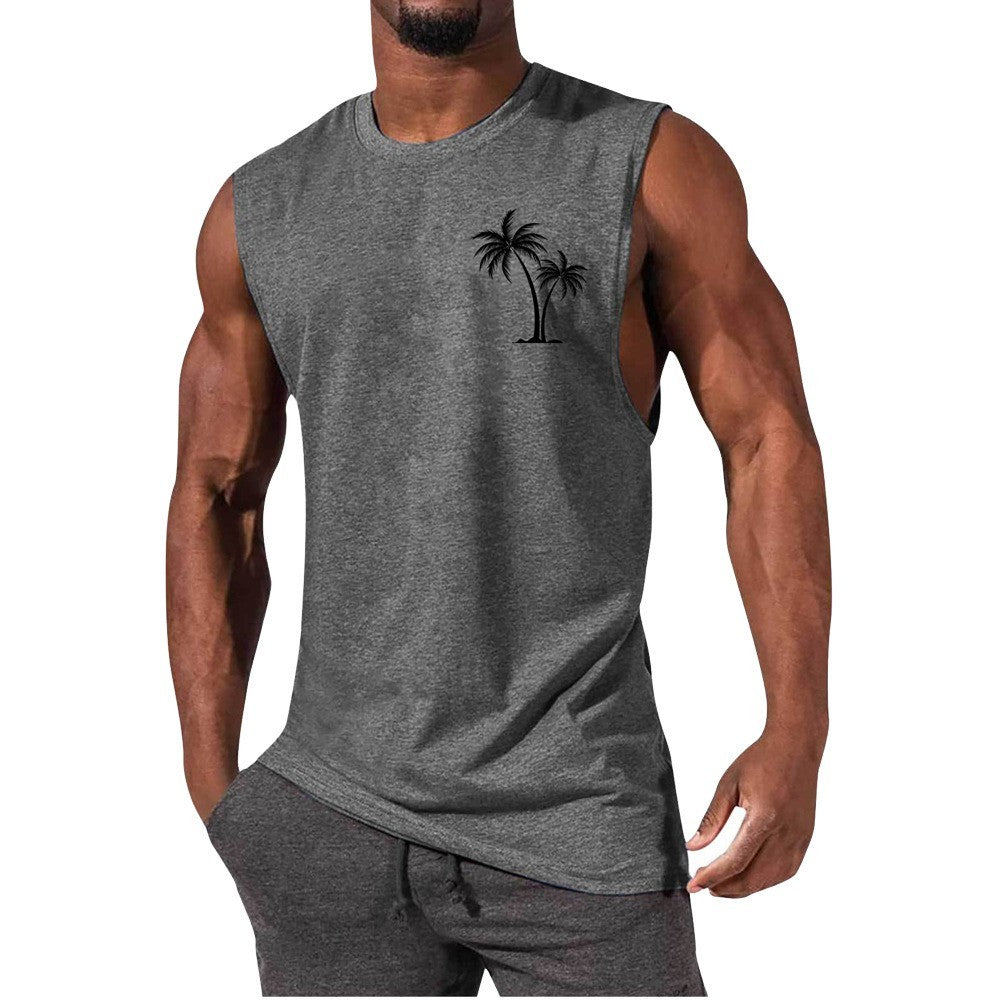 Coconut Tree Embroidery Vest Summer Beach Tank Tops Workout Muscle Men Sports Fitness T-shirt Ooho