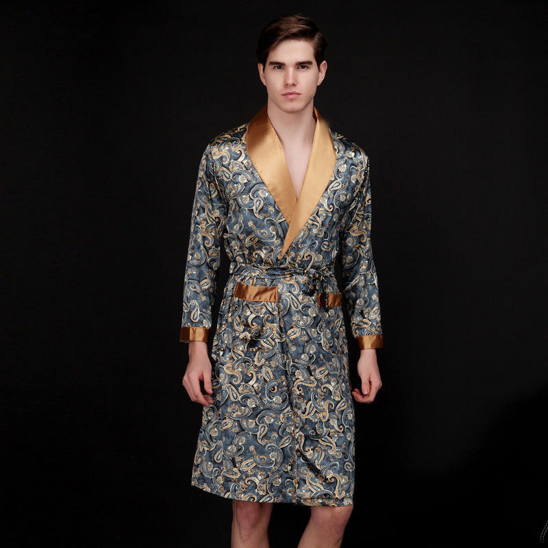 Men's Summer Long Ice Silk Pajamas Nightgown Ooho