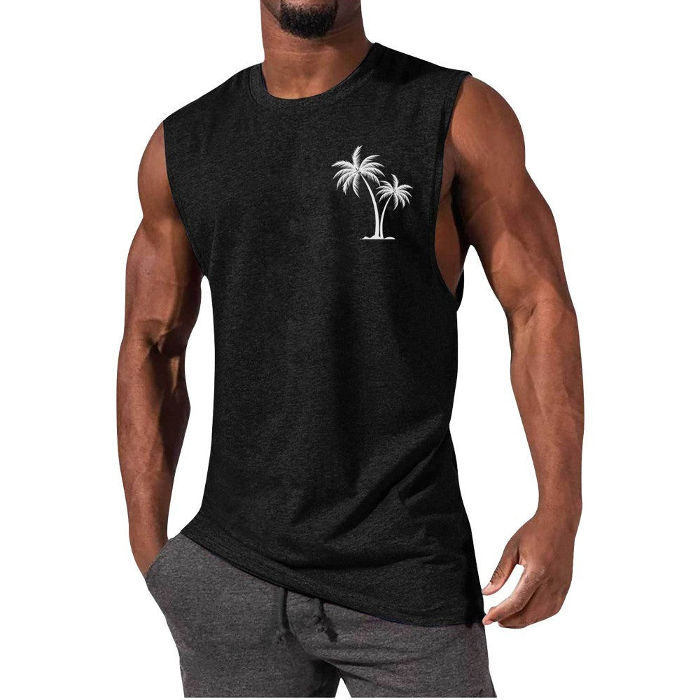 Coconut Tree Embroidery Vest Summer Beach Tank Tops Workout Muscle Men Sports Fitness T-shirt Ooho