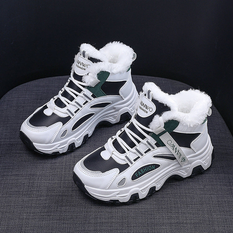 Fashion Black White Lace-up Sneakers Winter Warm All-match Plush Shoes Women Plus Velvet Fleece Flat High-top Sports Shoes Ooho