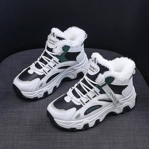 Fashion Black White Lace-up Sneakers Winter Warm All-match Plush Shoes Women Plus Velvet Fleece Flat High-top Sports Shoes Ooho