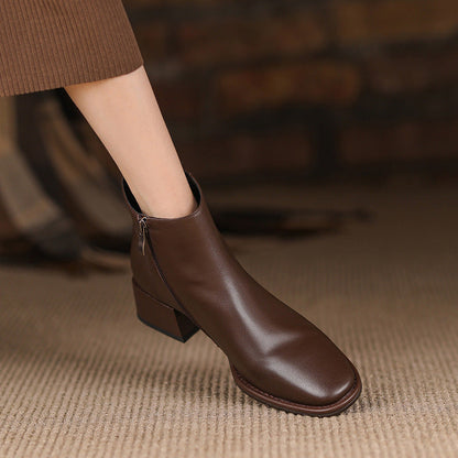 Simple All-match Soft Cowhide Boots Autumn And Winter New Thick Mid Heel Round Toe Brown Ankle Boots For Women Ooho