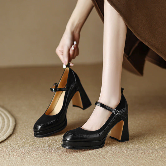 Leather High Heels Female French Retro Ooho