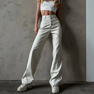 Women’s White PU Leather Micro Flare Pants | High Waist Slim Fit Trendy Trousers Ooho