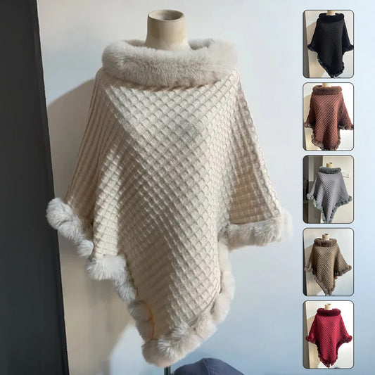 "Luxury Rex Rabbit Fur Collar Shawl Cape – Elegant Winter Wrap for Women | Graceful Cloak for Parties & Weddings