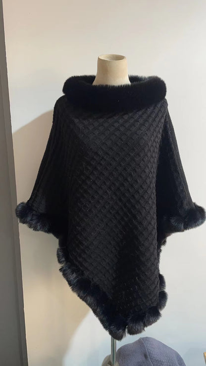 "Luxury Rex Rabbit Fur Collar Shawl Cape – Elegant Winter Wrap for Women | Graceful Cloak for Parties & Weddings