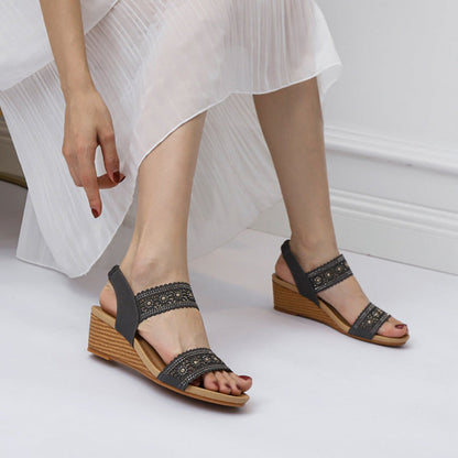 Flower Hollow Out Sandals With Rhinestones Wedges Shoes Women Ooho