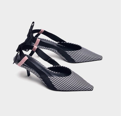Boussac Stripe Kitten Heel Women Mules Pointed Toe Bowtie Women Sandals High Heels Summer Slip on Shoes Women SWC0112 Ooho