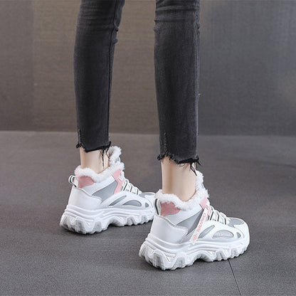 Fashion Black White Lace-up Sneakers Winter Warm All-match Plush Shoes Women Plus Velvet Fleece Flat High-top Sports Shoes Ooho