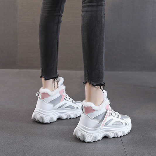 Fashion Black White Lace-up Sneakers Winter Warm All-match Plush Shoes Women Plus Velvet Fleece Flat High-top Sports Shoes Ooho