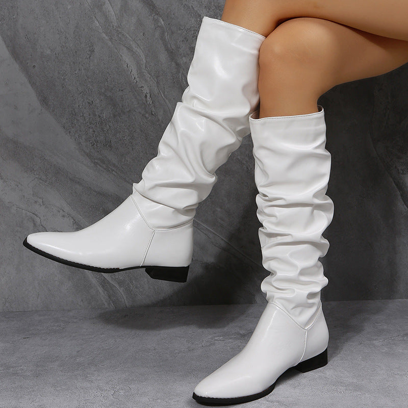 Long Boots White Cowboy Boots Women Pointed Toe Shoes Ooho