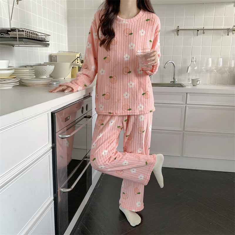 Women's Pajamas Autumn Winter Warm Pyjamas Sets Thick Coral Long Sleeve Cute Cartoon Bear Sleepwear Home Nightclothes Ooho