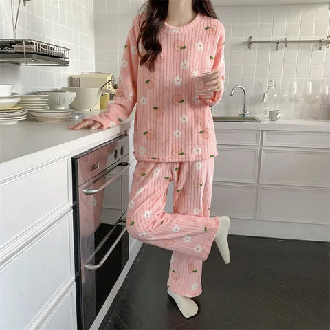 Women's Pajamas Autumn Winter Warm Pyjamas Sets Thick Coral Long Sleeve Cute Cartoon Bear Sleepwear Home Nightclothes Ooho