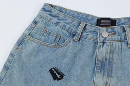 Printed Denim Straight Shorts For Men Ooho