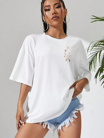 Beautiful Flower Clusters Print Cotton Women T-shirts Casual Ooho