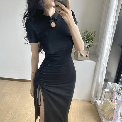 Black Ruched Bodycon Midi Dress | Elegant Slim Fit Mid-Length Dress for Women Ooho