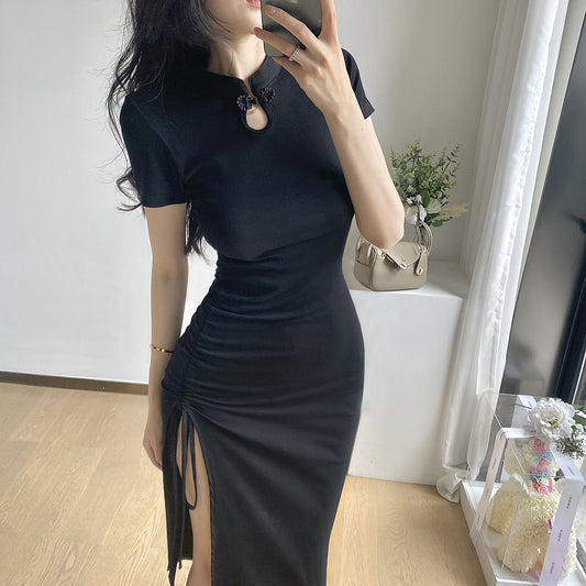 Black Ruched Bodycon Midi Dress | Elegant Slim Fit Mid-Length Dress for Women Ooho