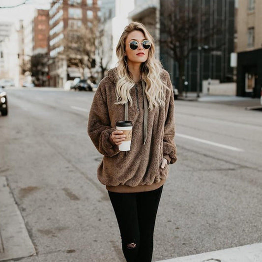 Women's Polerones Fleece Hoodies Long Sleeve Hooded Pullover Sweatshirt Autumn Winter Warm Zipper Pocket Coat Female Sweatshirt Ooho
