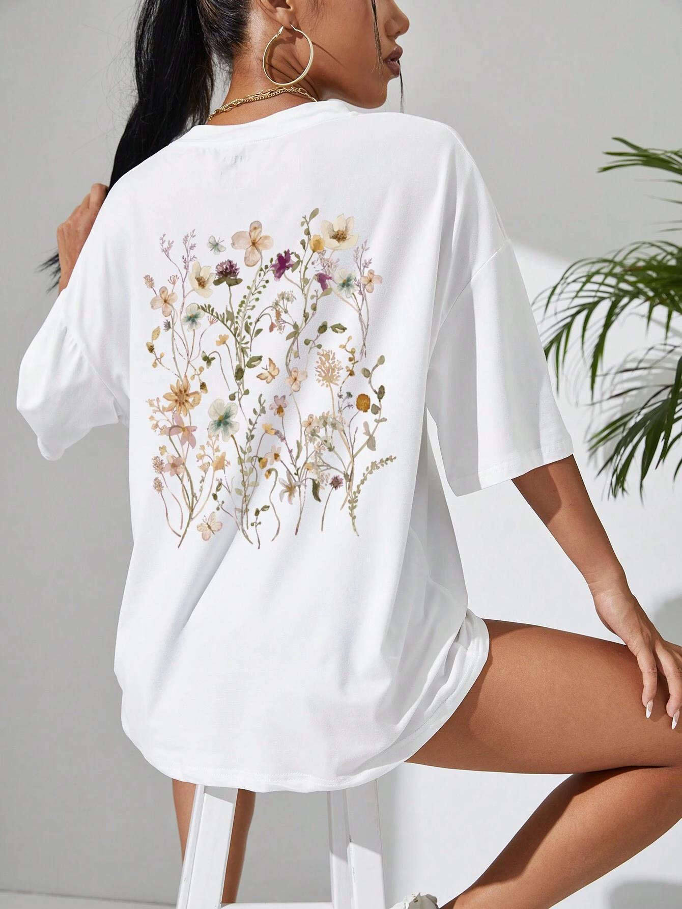Beautiful Flower Clusters Print Cotton Women T-shirts Casual Ooho
