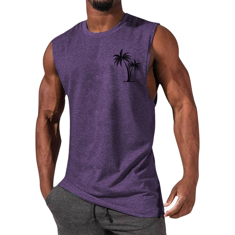 Coconut Tree Embroidery Vest Summer Beach Tank Tops Workout Muscle Men Sports Fitness T-shirt Ooho