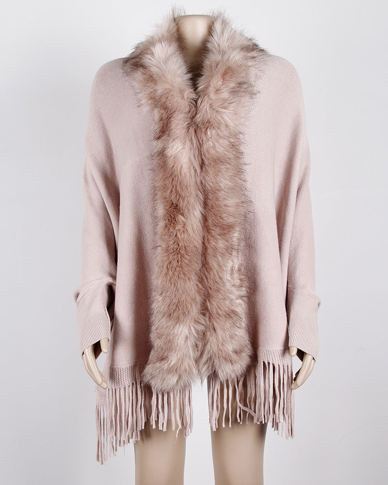 Women's Fringed Cloak Shawl with Fur Collar – Elegant Cape Cardigan for Winter Style Ooho