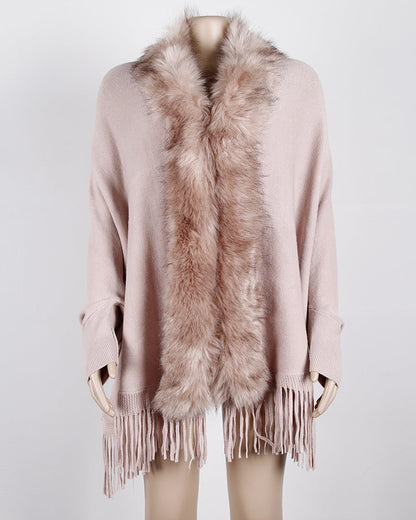 Women's Fringed Cloak Shawl with Fur Collar – Elegant Cape Cardigan for Winter Style Ooho