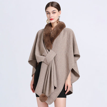 Imitation Rex Rabbit Fur Collar Cape and Shawl for Women – Loose Knitted Cardigan Ooho