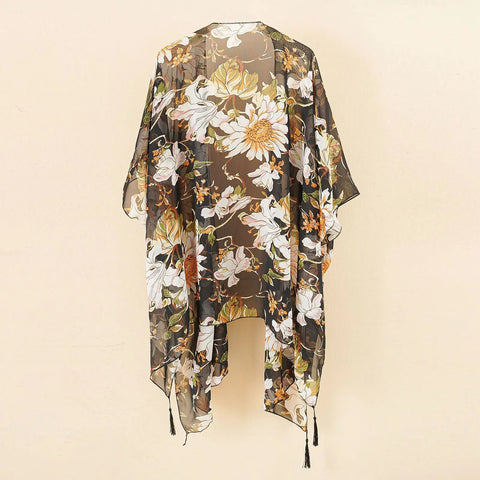 Beach Swimwear Cover Up Chiffon One Size Black Tassel Floral Print Swim Cover Up for Water Park Vacation Ooho