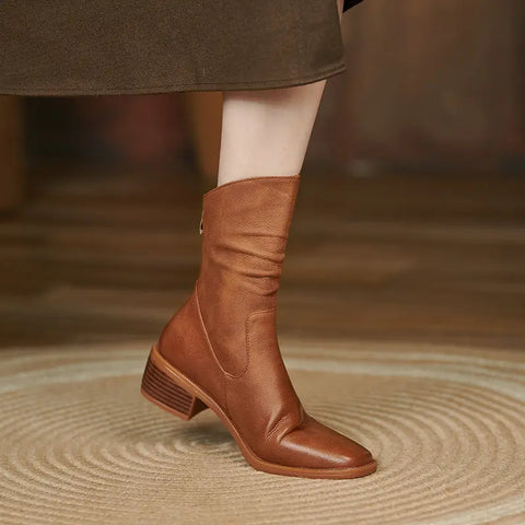 Women's Square Toe Pleated Western Cowboy Boots Ooho 