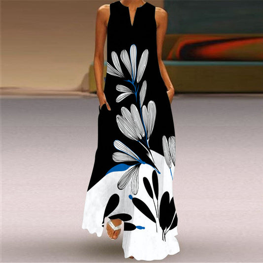Summer Women's Sleeveless Maxi Dress V-neck Print Dress Ooho