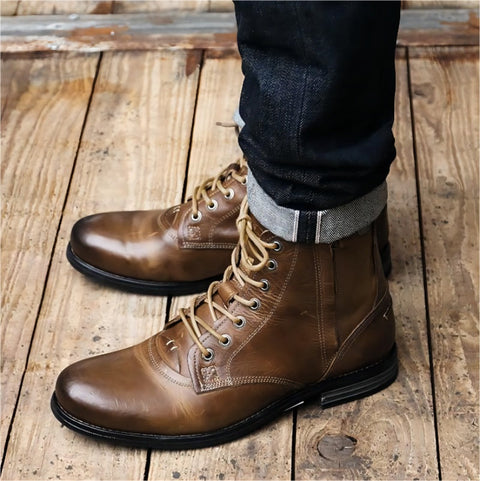 Men Cowboy Boots Retro Lace-up Martin Boot Round Toe Low Heel Shoes Ooho