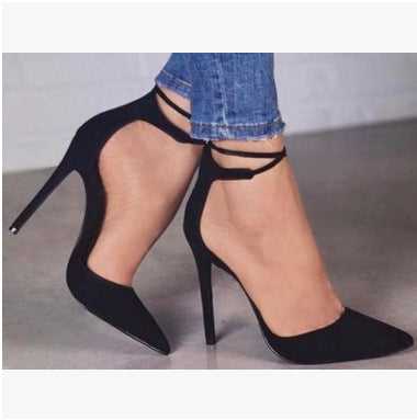 Pointed sexy hollow fashion rivet one-line high heel sandals plus size Ooho