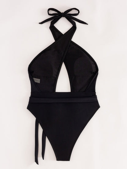 Cross Strap New Solid Color One-piece Swimsuit For Women Ooho