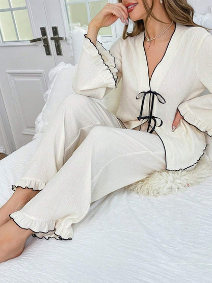 V-neck Lace-up Close-edge Cardigan Long-sleeved Pants Ooho