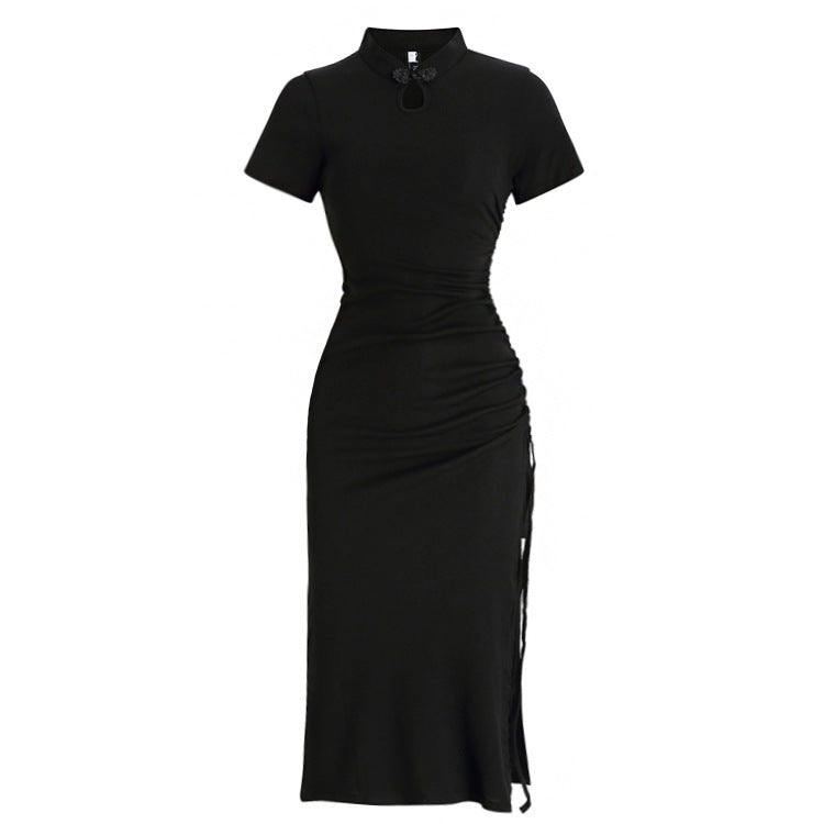 Black Ruched Bodycon Midi Dress | Elegant Slim Fit Mid-Length Dress for Women Ooho
