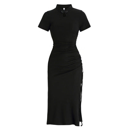 Black Ruched Bodycon Midi Dress | Elegant Slim Fit Mid-Length Dress for Women Ooho
