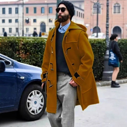 Retro Horn Button Hooded Woolen Trench Coat Men Ooho