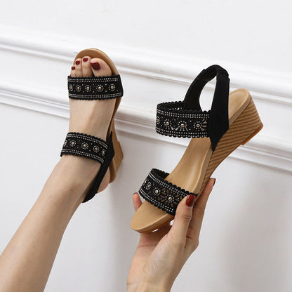 Flower Hollow Out Sandals With Rhinestones Wedges Shoes Women Ooho