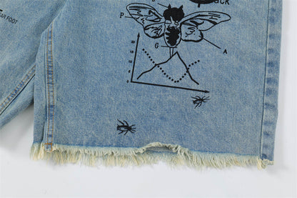 Printed Denim Straight Shorts For Men Ooho