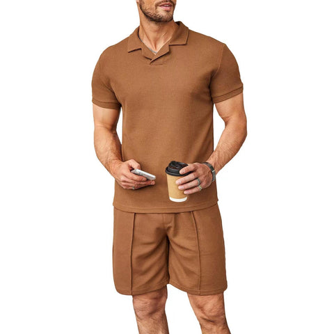 2pcs Set Men V Neck Polo Shirt Lapel Short Sleeve Men's Suit Waffle Style Casual Fashion T-Shirt Summer Ooho